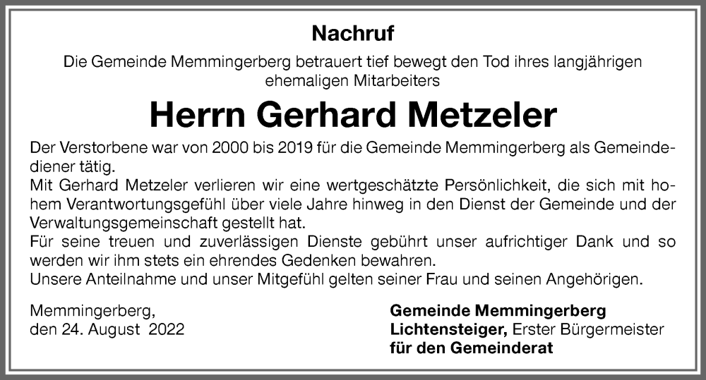 Traueranzeige von Gerhard Metzeler von Memminger Zeitung