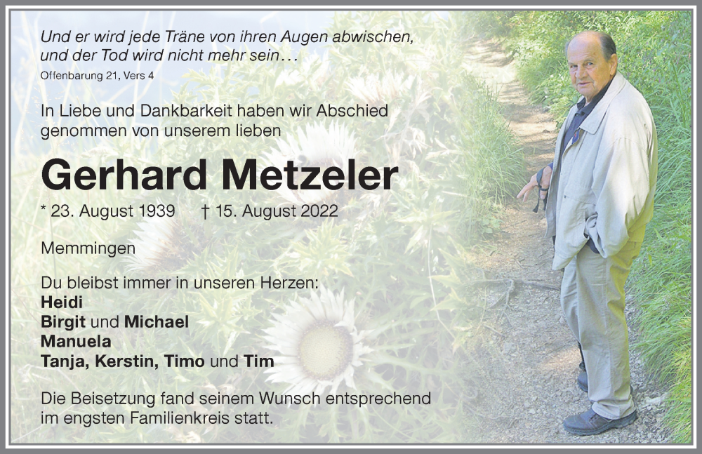 Traueranzeige von Gerhard Metzeler von Memminger Zeitung