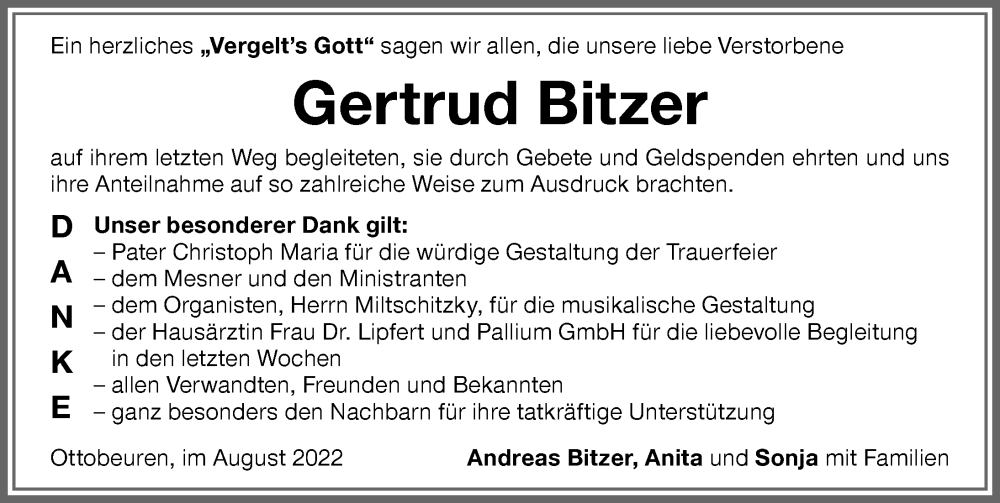 Traueranzeige von Gertrud Bitzer von Memminger Zeitung