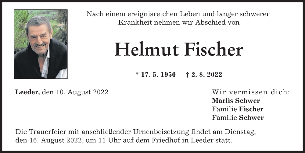  Traueranzeige für Helmut Fischer vom 10.08.2022 aus Augsburger Allgemeine, Landsberger Tagblatt