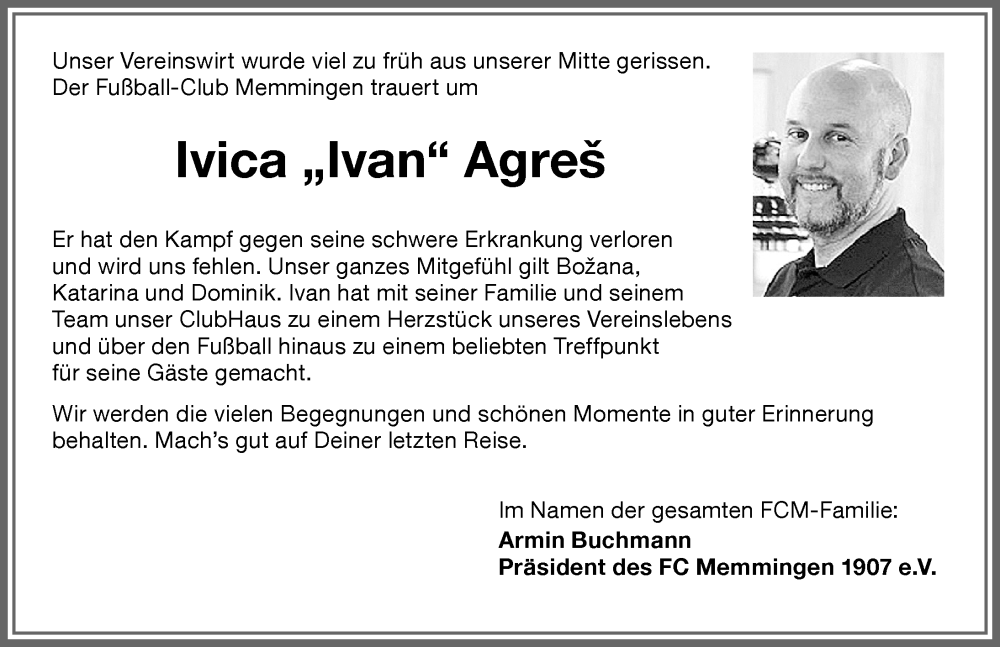 Traueranzeige von Ivica Agres von Memminger Zeitung