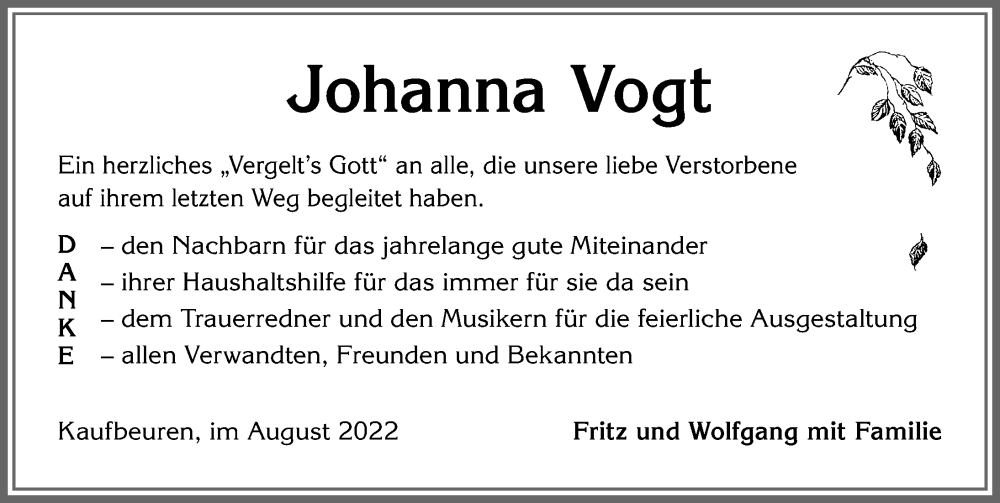Traueranzeige von Johanna Vogt von Allgäuer Zeitung, Marktoberdorf