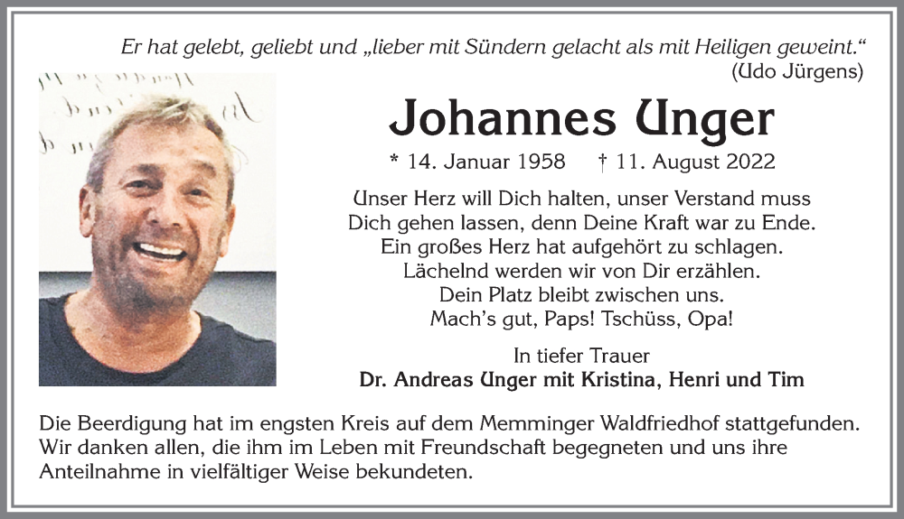 Traueranzeige von Johannes Unger von Memminger Zeitung