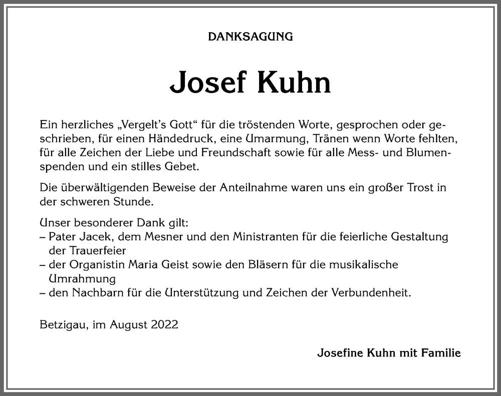 Traueranzeige von Josef Kuhn von Allgäuer Zeitung,Kempten