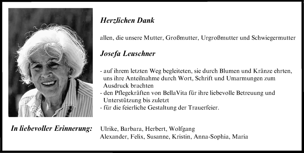  Traueranzeige für Josefa Leuschner vom 13.08.2022 aus Augsburger Allgemeine