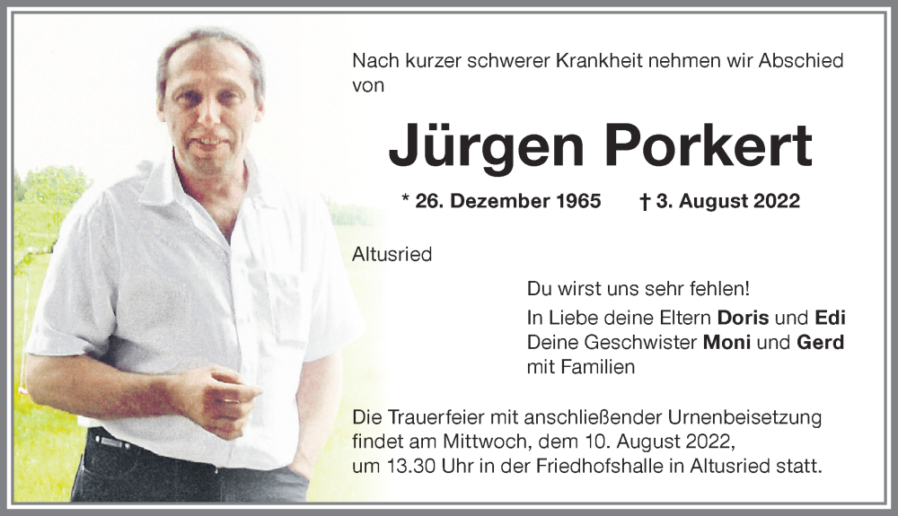 Traueranzeige von Jürgen Porkert von Allgäuer Zeitung,Kempten