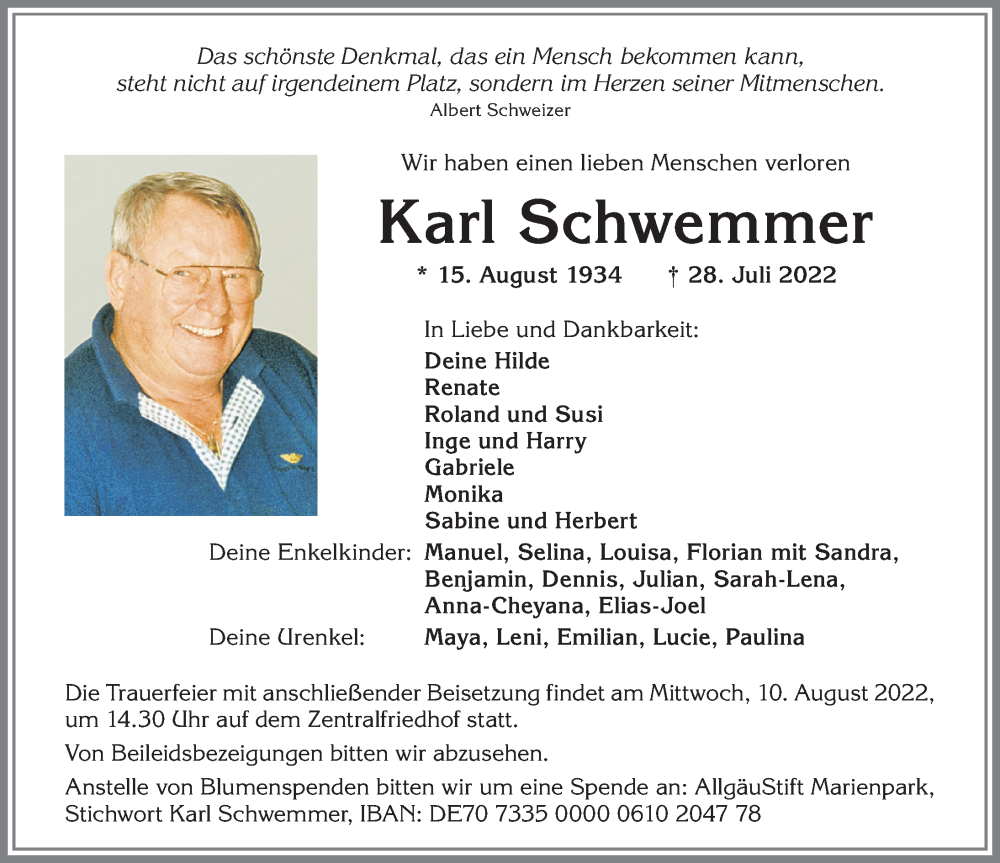 Traueranzeige von Karl Schwemmer von Allgäuer Zeitung,Kempten