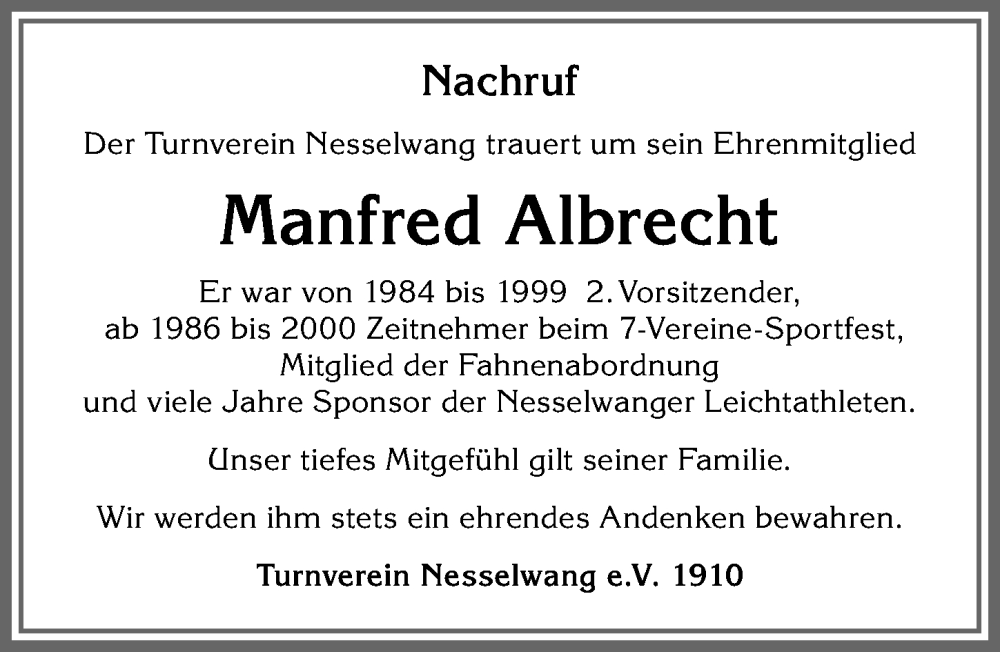 Traueranzeige von Manfred Albrecht von Allgäuer Zeitung, Füssen