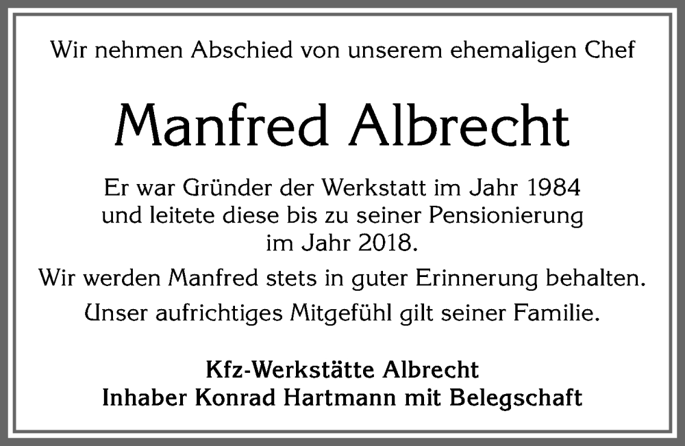 Traueranzeige von Manfred Albrecht von Allgäuer Zeitung,Kempten