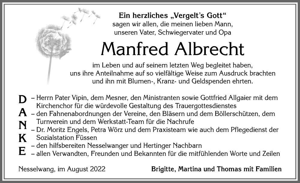 Traueranzeige von Manfred Albrecht von Allgäuer Zeitung, Füssen