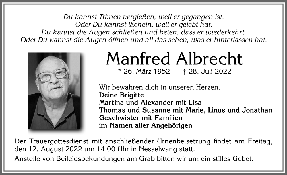 Traueranzeige von Manfred Albrecht von Allgäuer Zeitung,Kempten