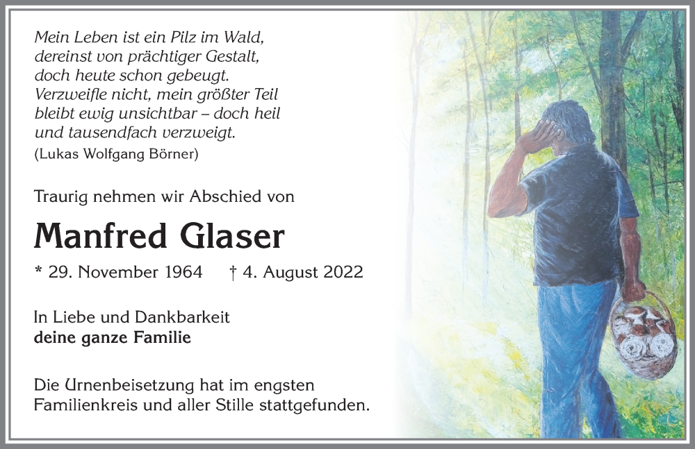  Traueranzeige für Manfred Glaser vom 20.08.2022 aus Allgäuer Zeitung, Kaufbeuren/Buchloe