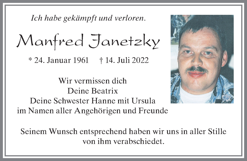 Traueranzeige von Manfred Janetzky von Allgäuer Zeitung, Füssen