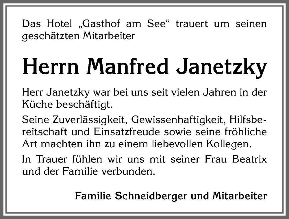 Traueranzeige von Manfred Janetzky von Allgäuer Zeitung, Füssen