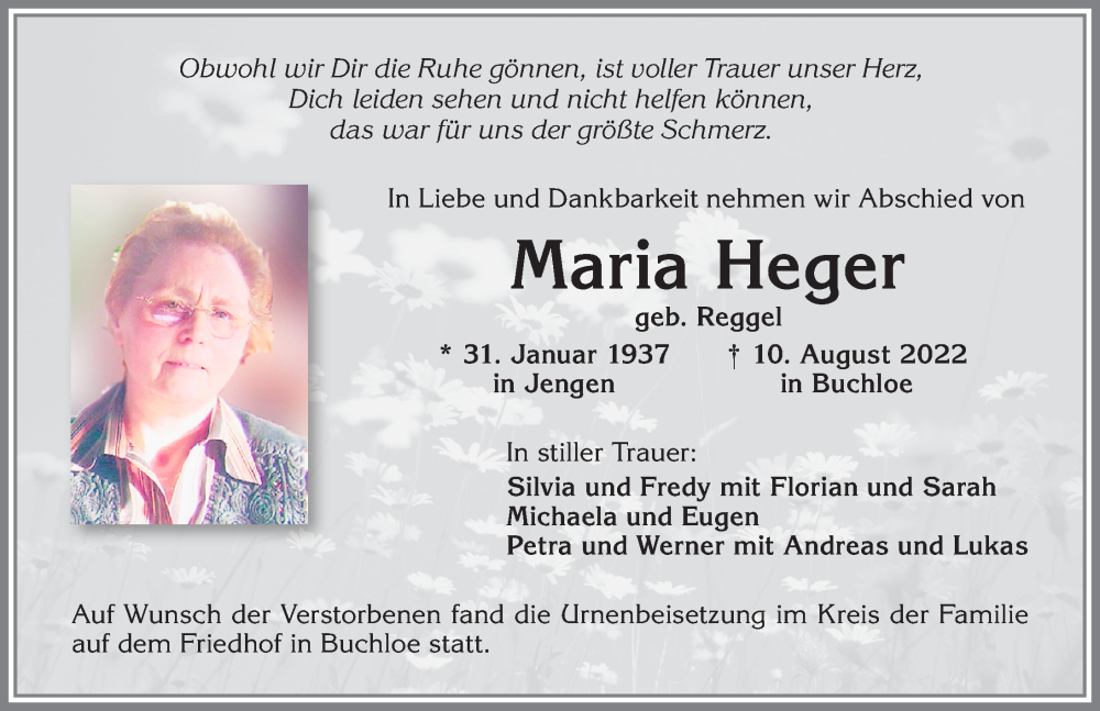 Traueranzeige von Maria Heger von Allgäuer Zeitung, Kaufbeuren/Buchloe