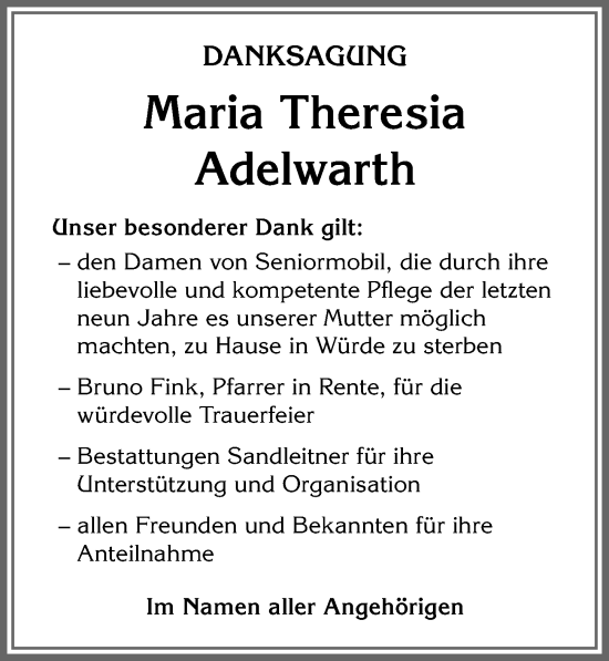 Traueranzeigen Von Maria Theresia Adelwarth Augsburger Allgemeine Zeitung