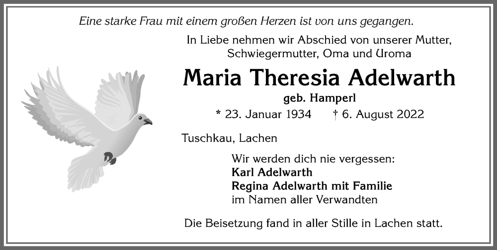 Traueranzeigen Von Maria Theresia Adelwarth Augsburger Allgemeine Zeitung