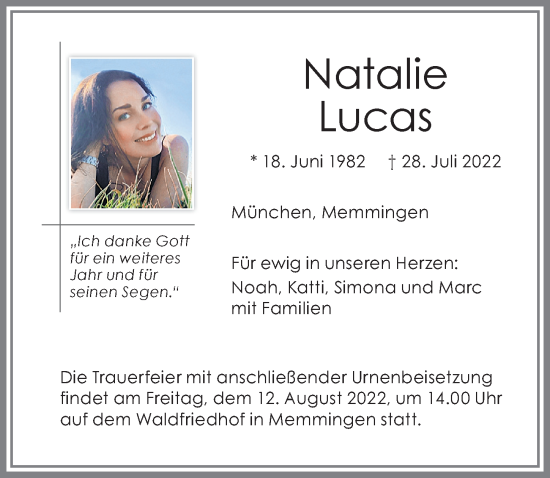 Traueranzeigen Von Natalie Lucas | Augsburger Allgemeine Zeitung