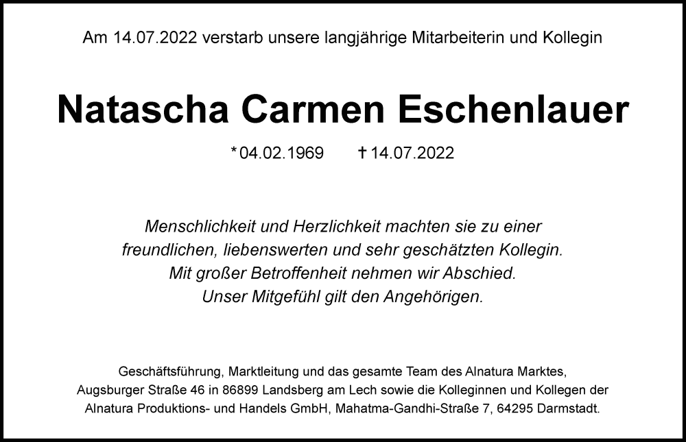 Traueranzeige von Natascha Carmen Eschenlauer von Allgäuer Zeitung, Kaufbeuren/Buchloe