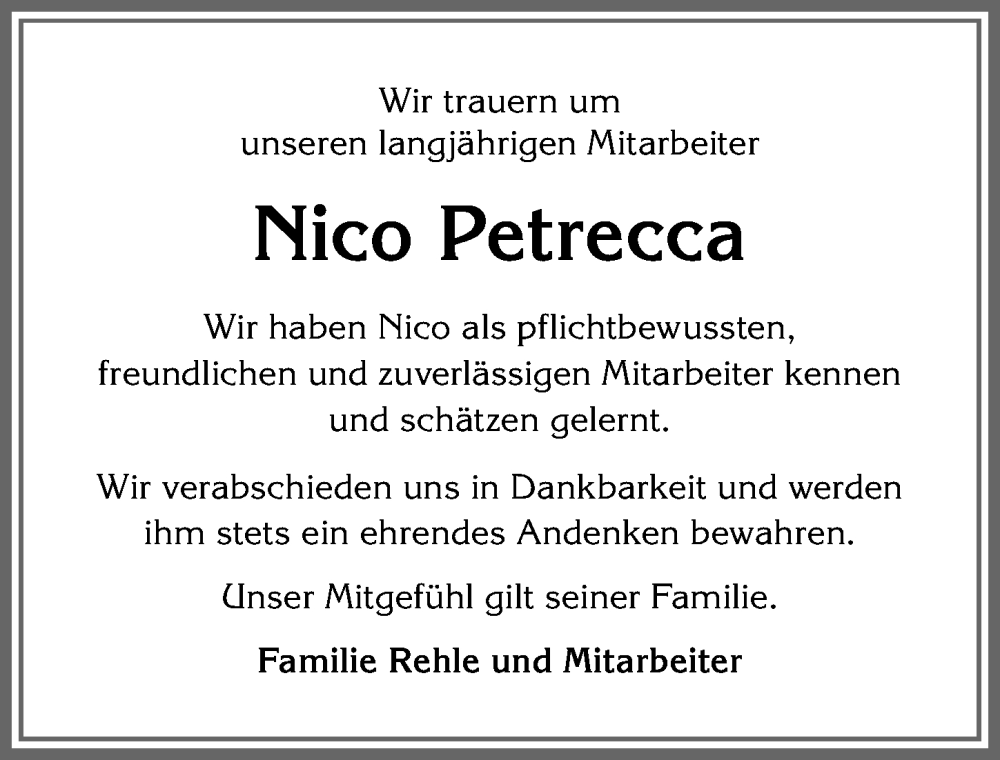 Traueranzeige von Nico Petrecca von Allgäuer Anzeigeblatt