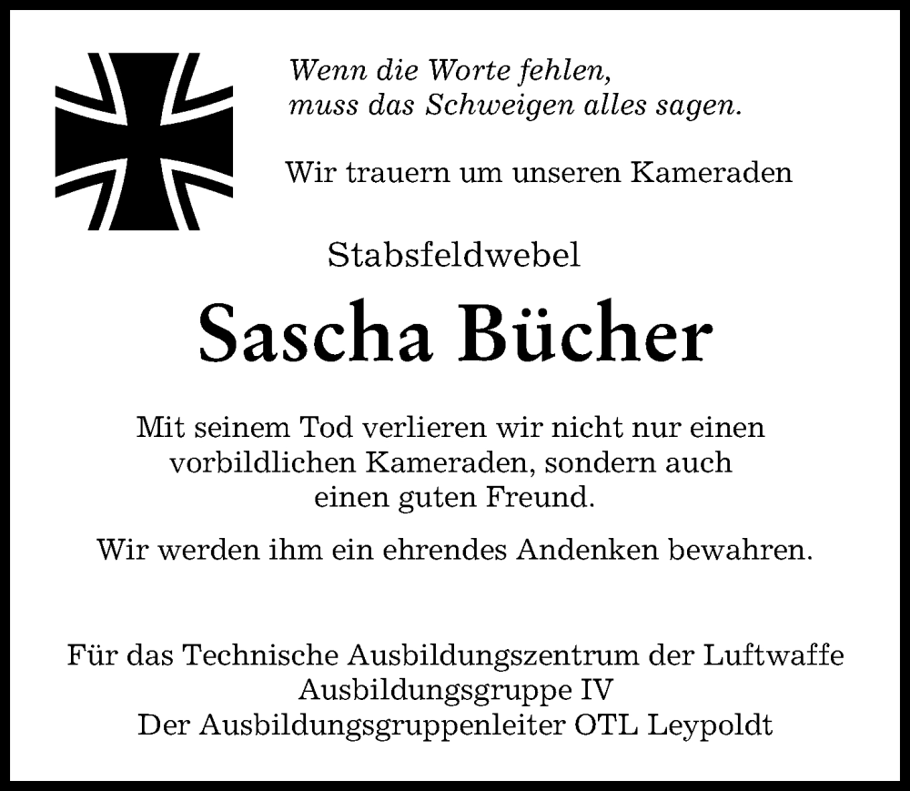 Traueranzeige von Sascha Bücher von Allgäuer Zeitung, Kaufbeuren/Buchloe