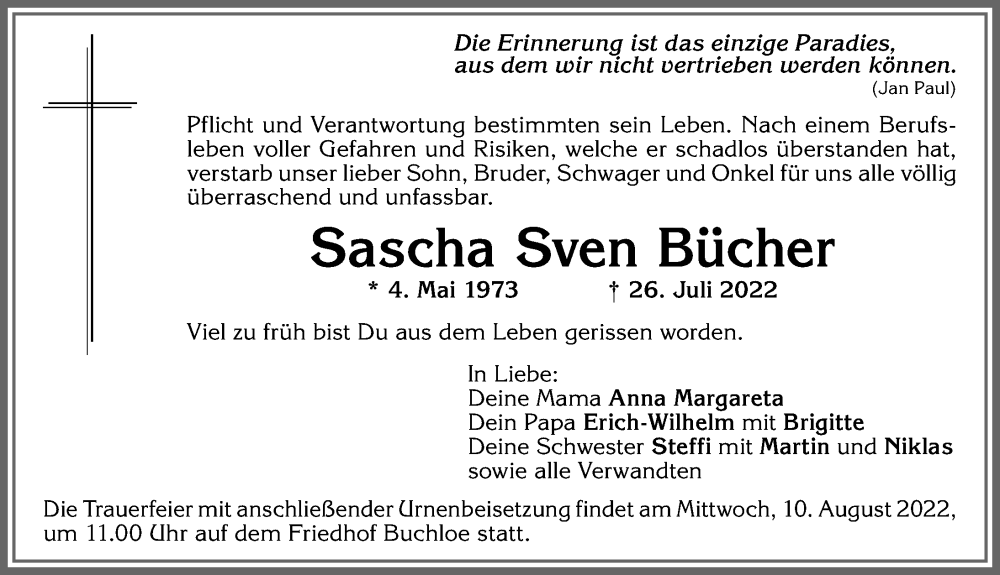 Traueranzeige von Sascha Sven Bücher von Allgäuer Zeitung, Kaufbeuren/Buchloe