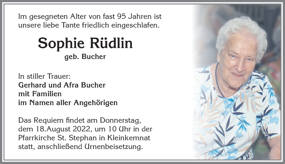 Traueranzeige von Sophie Rüdlin von Allgäuer Zeitung, Kaufbeuren/Buchloe