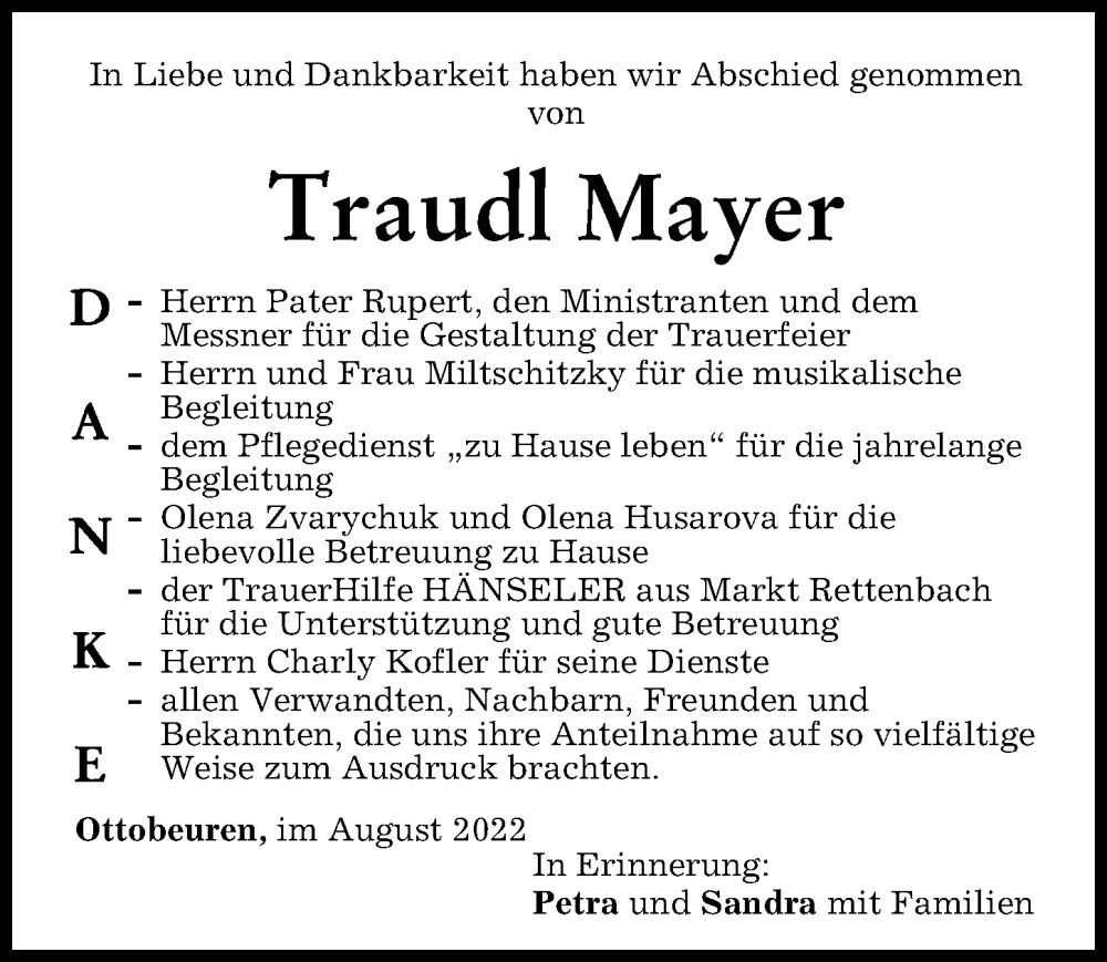 Traueranzeige von Traudl Mayer von Memminger Zeitung