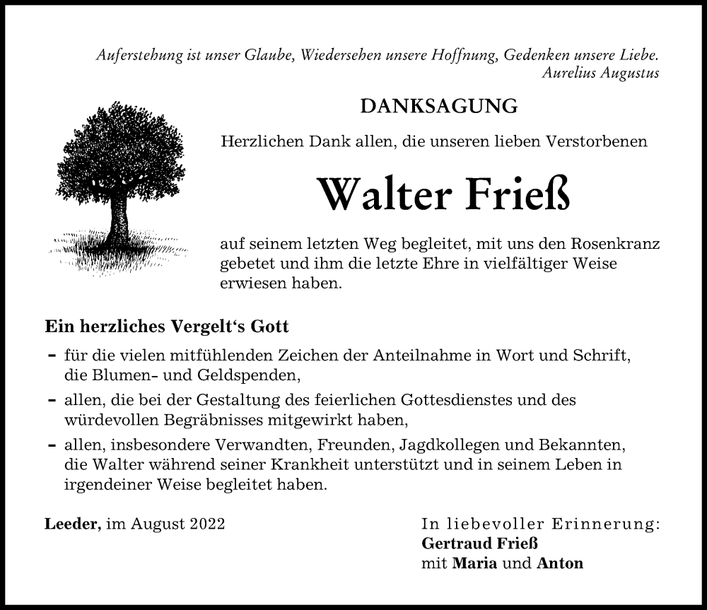 Traueranzeige von Walter Frieß von Allgäuer Zeitung, Kaufbeuren/Buchloe