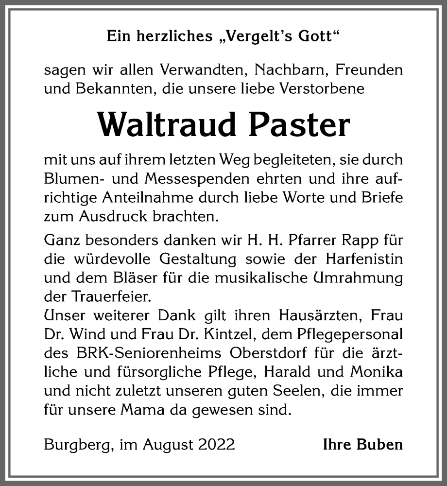 Traueranzeigen Von Waltraud Paster Augsburger Allgemeine Zeitung