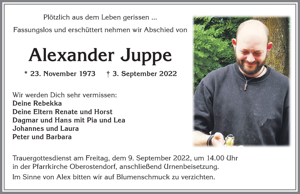  Traueranzeige für Alexander Juppe vom 07.09.2022 aus Allgäuer Zeitung, Kaufbeuren/Buchloe