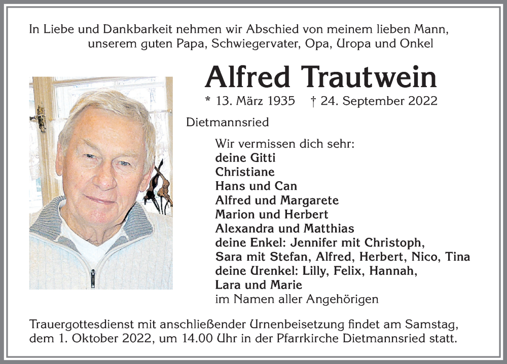 Traueranzeige von Alfred Trautwein von Allgäuer Zeitung,Kempten