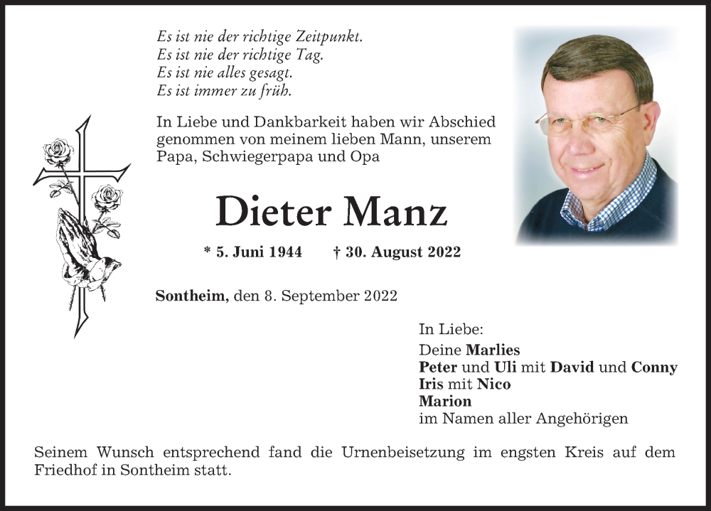  Traueranzeige für Dieter Manz vom 08.09.2022 aus Memminger Zeitung