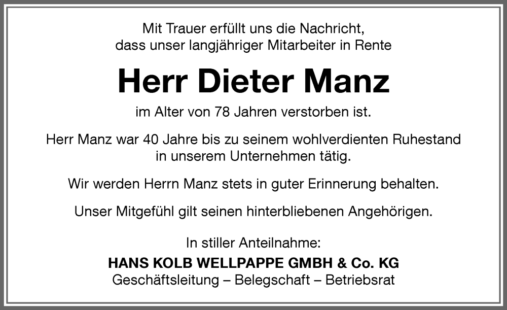  Traueranzeige für Dieter Manz vom 09.09.2022 aus Memminger Zeitung