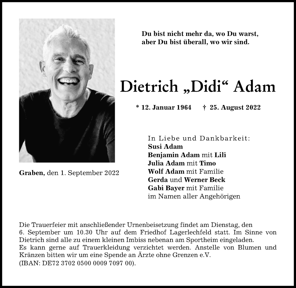  Traueranzeige für Dietrich Adam vom 01.09.2022 aus Augsburger Allgemeine