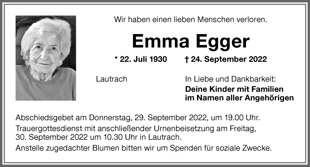 Traueranzeige von Emma Egger von Memminger Zeitung