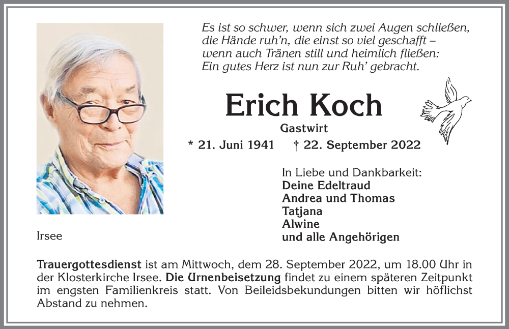 Traueranzeige von Erich Koch von Allgäuer Zeitung, Kaufbeuren/Buchloe