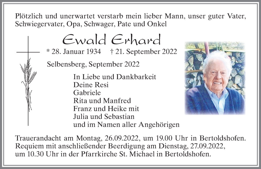 Traueranzeige von Ewald Erhard von Allgäuer Zeitung, Marktoberdorf