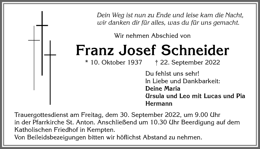 Traueranzeige von Franz Josef Schneider von Allgäuer Zeitung,Kempten