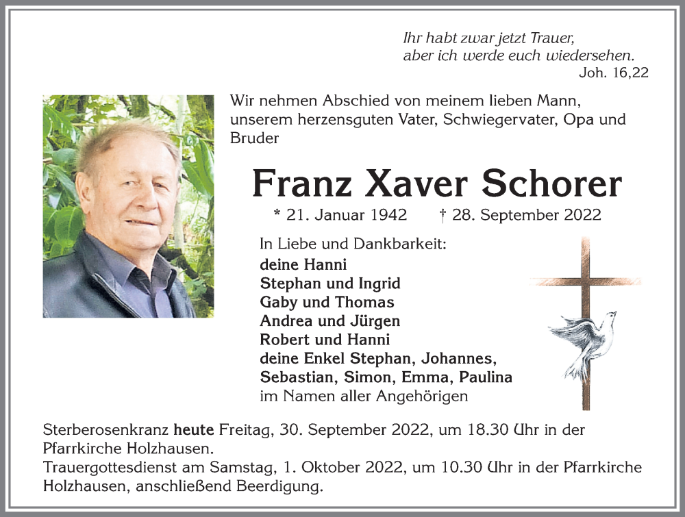 Traueranzeige von Franz Xaver Schorer von Augsburger Allgemeine, Landsberger Tagblatt
