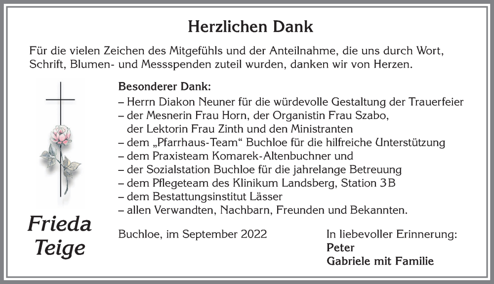 Traueranzeige von Frieda Teige von Allgäuer Zeitung, Kaufbeuren/Buchloe