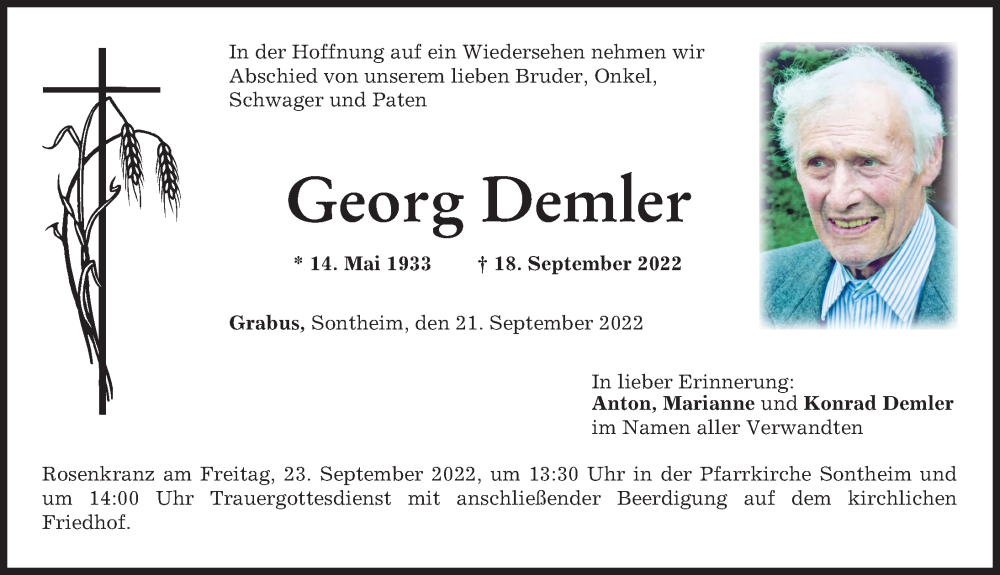  Traueranzeige für Georg Demler vom 21.09.2022 aus Augsburger Allgemeine, Mindelheimer Zeitung