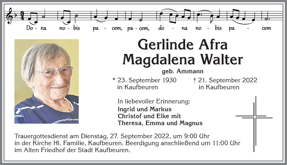  Traueranzeige für Gerlinde Afra Magdalena Walter vom 24.09.2022 aus Mindelheimer Zeitung, Augsburger Allgemeine