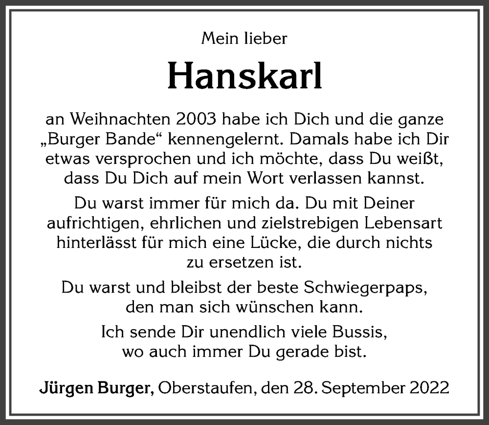 Traueranzeige von Hanskarl Burger von Allgäuer Anzeigeblatt