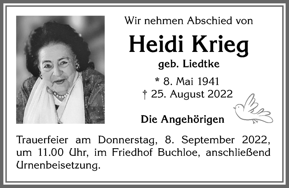 Traueranzeige von Heidi Krieg von Allgäuer Zeitung, Kaufbeuren/Buchloe