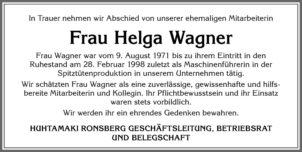 Traueranzeige von Helga Wagner von Allgäuer Zeitung, Marktoberdorf