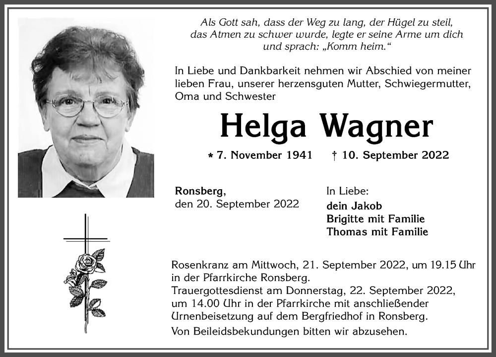 Traueranzeige von Helga Wagner von Allgäuer Zeitung, Marktoberdorf