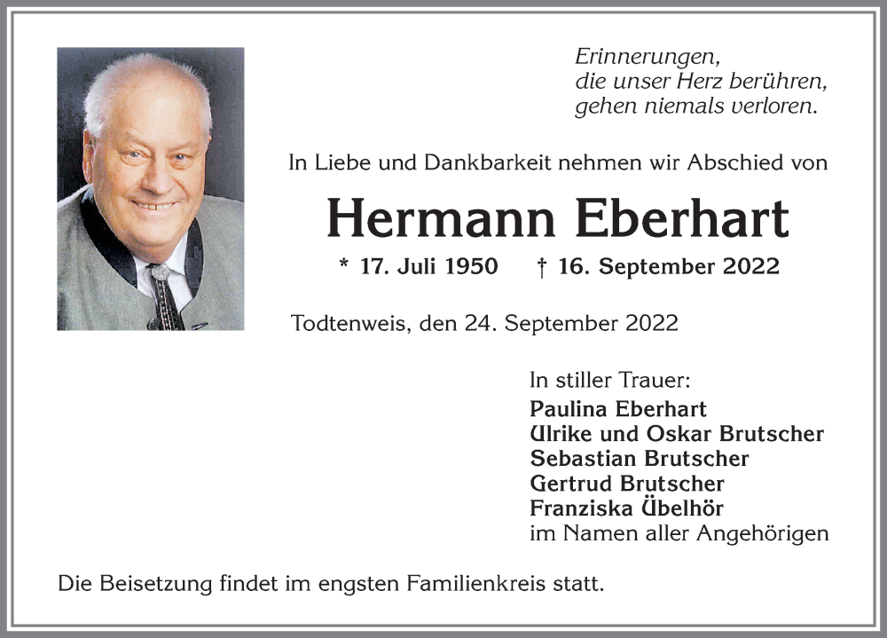  Traueranzeige für Hermann Eberhart vom 24.09.2022 aus Allgäuer Anzeigeblatt