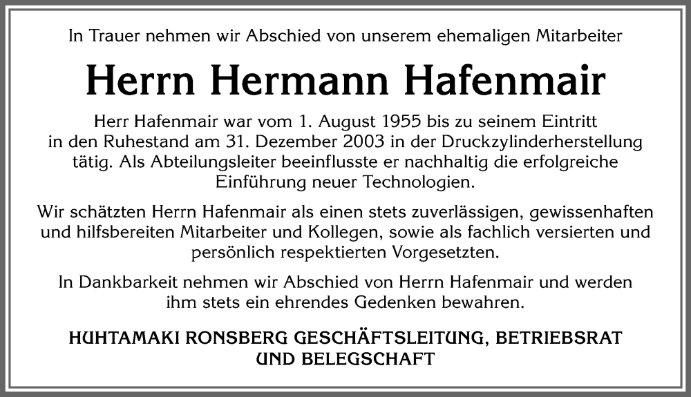 Traueranzeige von Hermann Hafenmair von Allgäuer Zeitung, Marktoberdorf