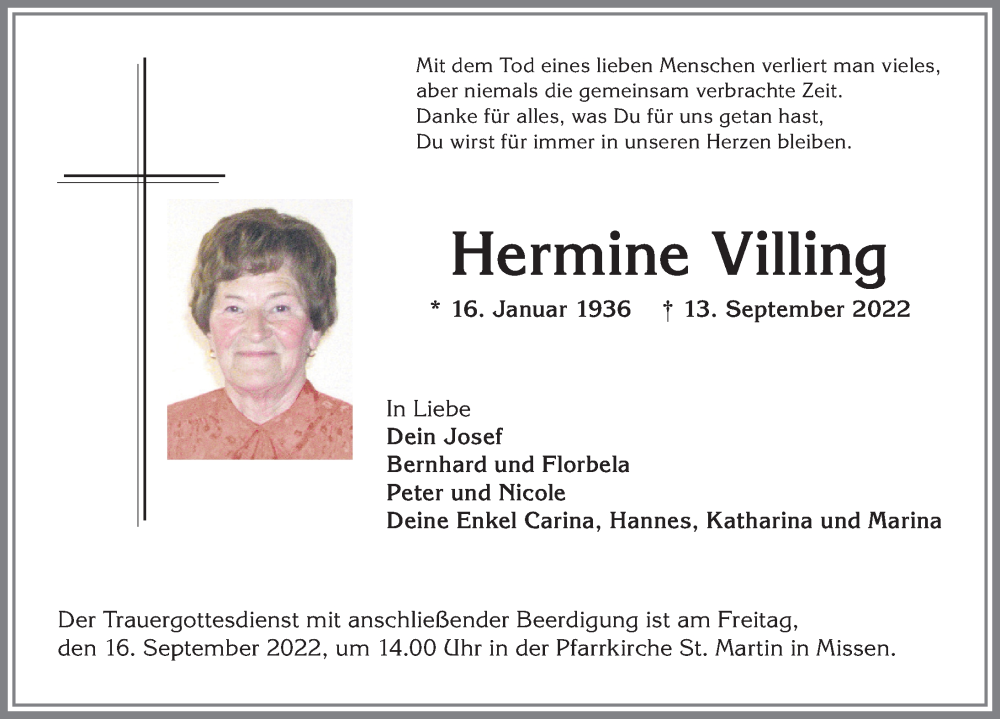 Traueranzeige von Hermine Villing von Allgäuer Anzeigeblatt